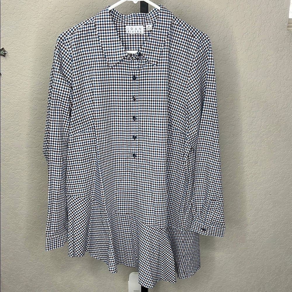 098 - Joan Rivers NWOT Blue, White Brown Gingham Button Down Shirt Size 14